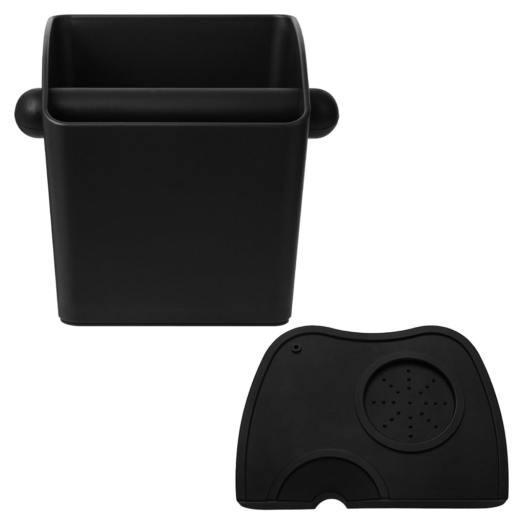 IAOSEN Large Square Knock Box Shock-absorbent Knock Box Espresso with Removable Knock Bar and Non-Slip Base Espresso Accessories for Home/Office (Large Black Knock Box with Tamper Mat)