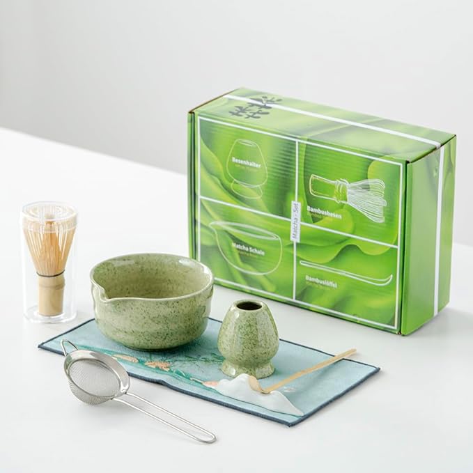 matcha whisk set,matcha set, including matcha bowl, matcha whisk and stand, sieve, spoon, cloth mat, gift for matcha lovers (Green)