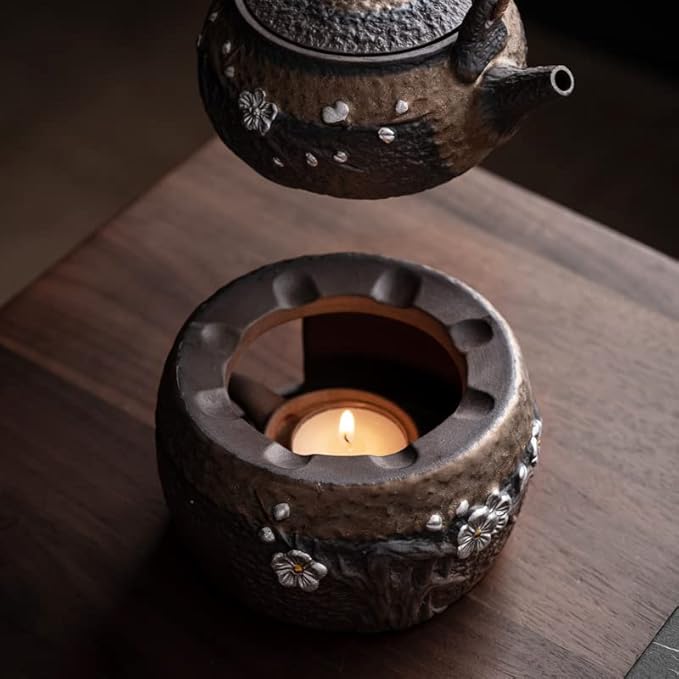 Teapot Warmer Matte Classic Retro Ceramic Universal Tea Warmer Stand Set with Candle Holder Japanese Style for Warming Tea, Coffee and Milk etc.
