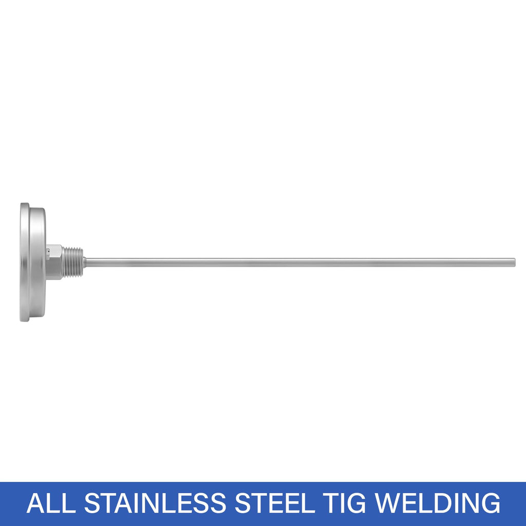 Measureman Fully Stainless Steel Bi-Metal Dial Thermometer, 3" Dial, 12" Stem, 32-212°F/0-100°C Range, +/-1% Accuracy, Adjustable, 1/2" NPT Back Mount
