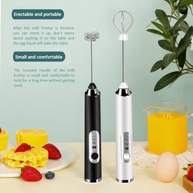 Rechargeable Milk Frother - 3-Speed Electric Handheld Coffee Mixer With 2 Whisks and Decoration Tool, Stand-up Design for Latte, Cappuccino, Cream (White)
