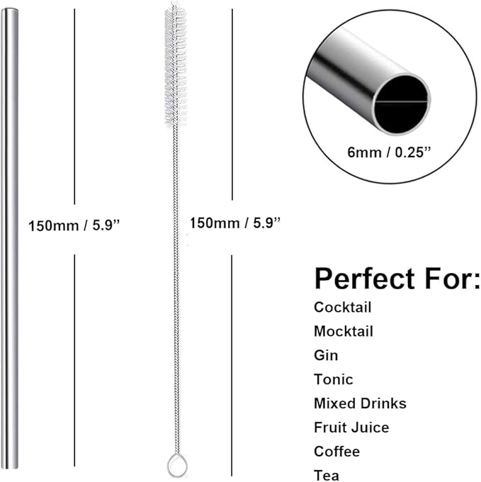 Stainless Steel Straws Short Small 5.9" Reusable Metal Bar Drinking Straw Set With Cleaner Brush for Cocktails Rock Gin Glass Coffee Mason Jar Tumblers Kids Fruit Juice Box, Silver 16PCS