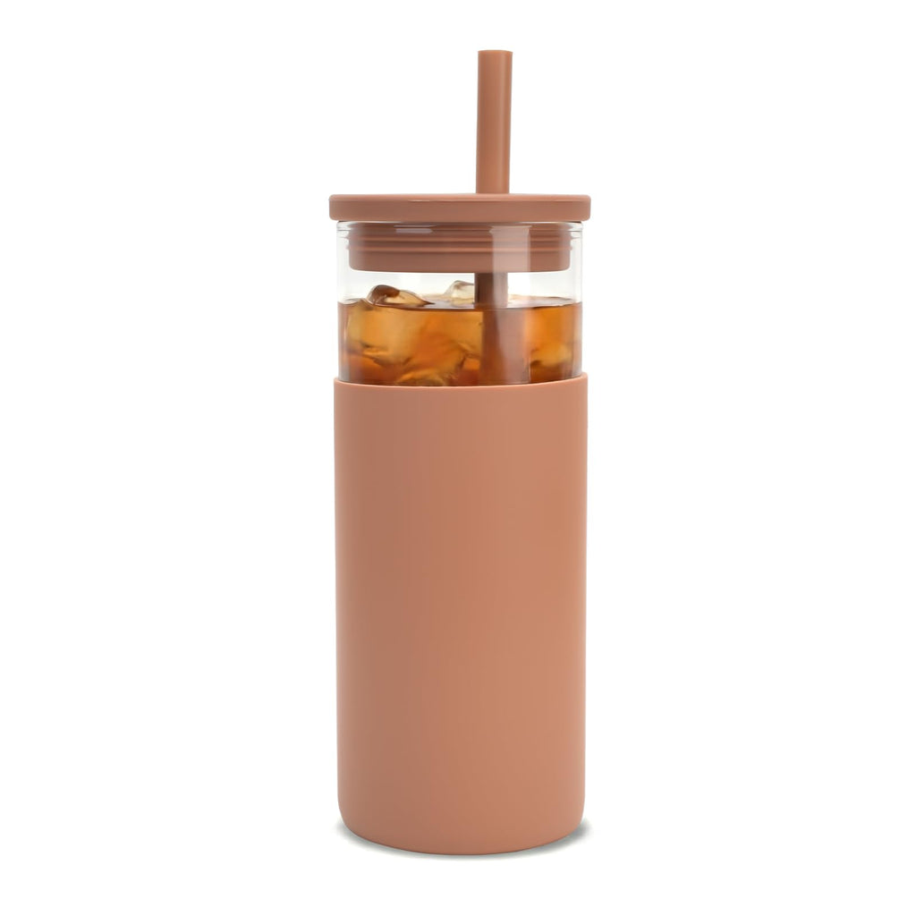 Tronco 20 oz Glass Tumbler with Lids and Straws, Reusable Iced Coffee Cups with Silicone Lid & Protective Sleeve, Dishwasher Safe, BPA-Free Borosilicate Glass for Coffee, Iced Tea, Water & Smoothies