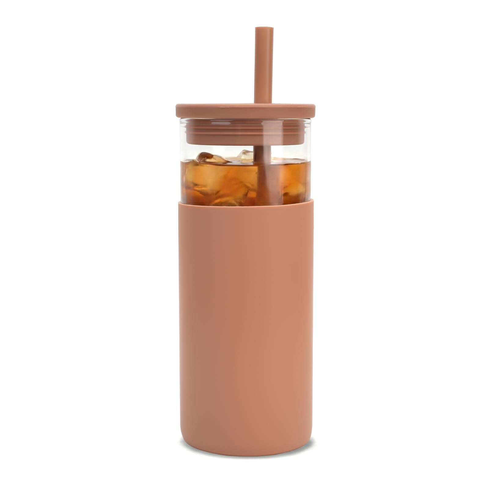 Tronco 20 oz Glass Tumbler with Lids and Straws, Reusable Iced Coffee Cups with Silicone Lid & Protective Sleeve, Dishwasher Safe, BPA-Free Borosilicate Glass for Coffee, Iced Tea, Water & Smoothies