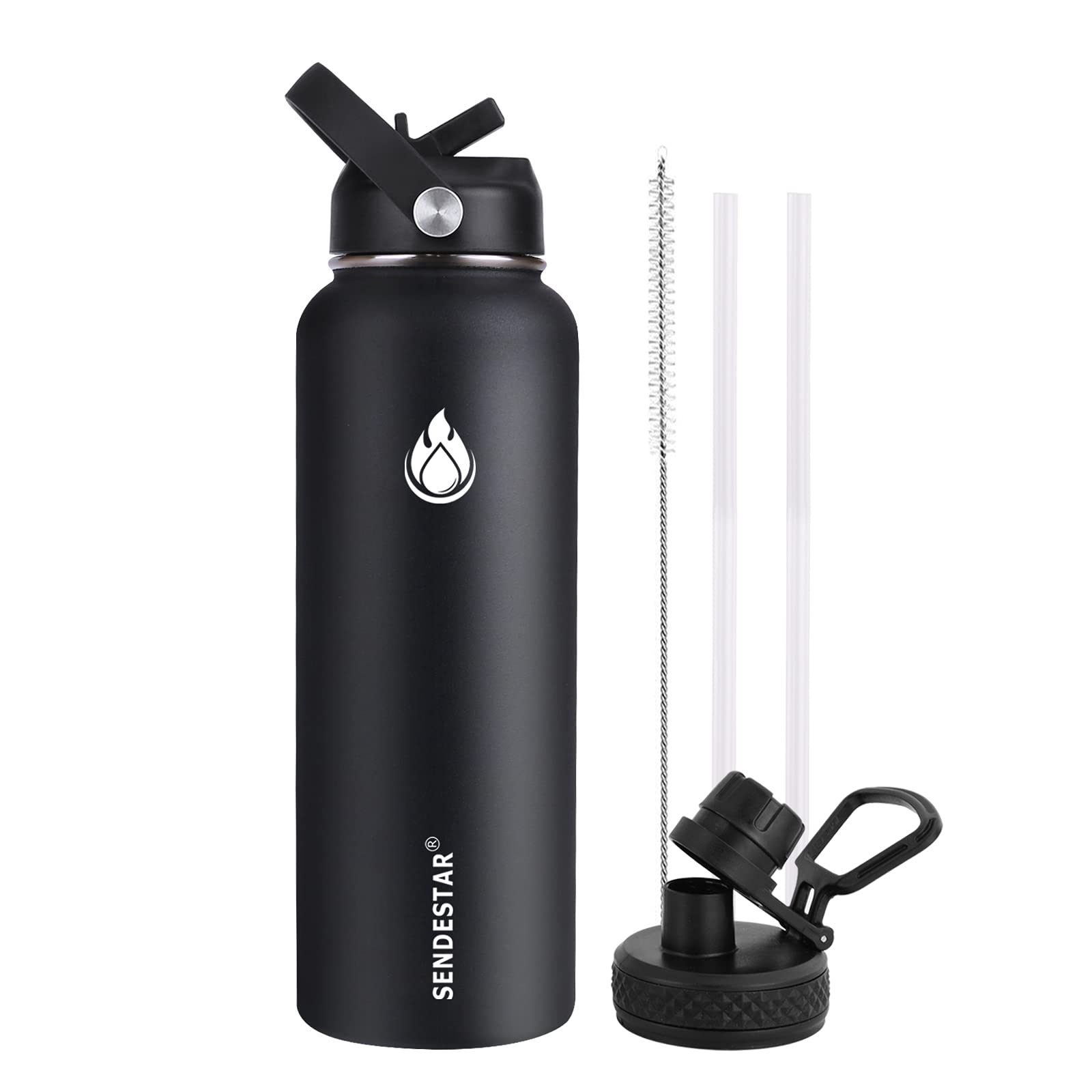 SENDESTAR Stainless Steel Water Bottle, Insulated Water Bottle 40 oz with New Straw Lid or Spout Lid Keeps Liquids Hot or Cold with Double Wall Vacuum Insulated Bottle (Black)