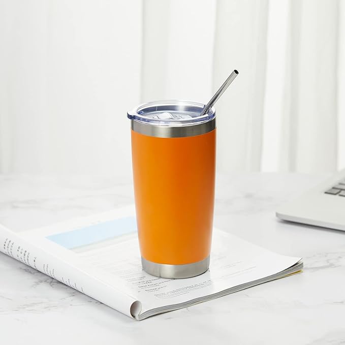 COMOOO 20oz Tumbler Bulk Double Wall Vacuum Insulated Travel Mug, Stainless Steel Tumbler with Lid and Straw Durable Powder Coated Insulated Coffee Cup for Cold & Hot Drinks (Orange, 2 pack