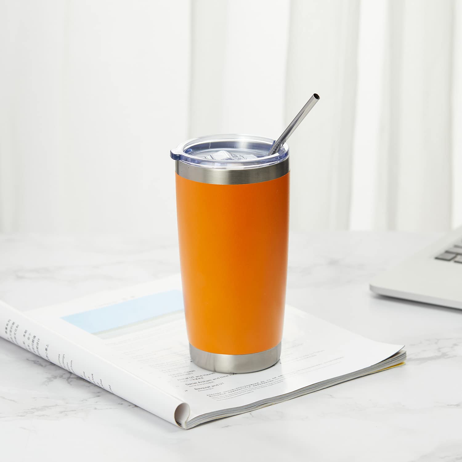 COMOOO 20oz Double Wall Vacuum Insulated Travel Mug Bulk Stainless Steel Tumbler with Lid and Straw Durable Powder Coated Insulated Coffee Cup for Cold & Hot Drinks (Orange, 12 pack