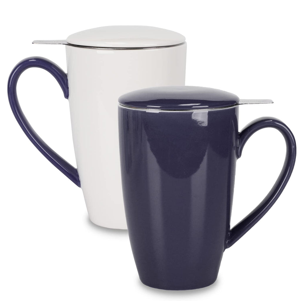 amhomel Porcelain Tea Mug with Infuser and Lid, 16 Ounce Ceramic Tea Cup for Loose Leaf, Coffee, Cocoa and Milk, Tea Gift for Tea Lovers, Set of 2(Navy Blue and White)