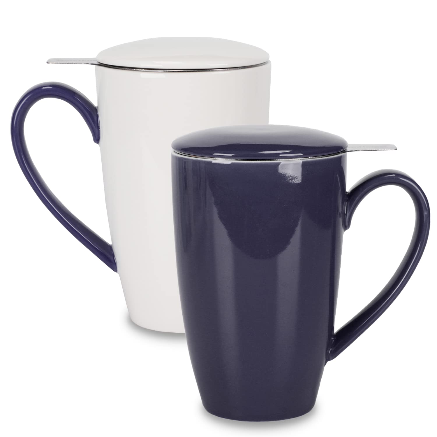 amhomel Porcelain Tea Mug with Infuser and Lid, 16 Ounce Ceramic Tea Cup for Loose Leaf, Coffee, Cocoa and Milk, Tea Gift for Tea Lovers, Set of 2(Navy Blue and White)