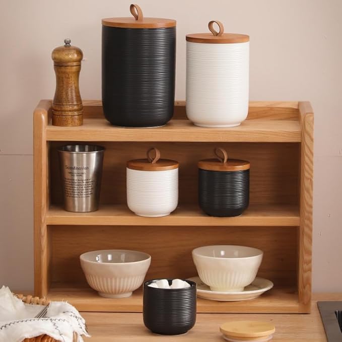 Food Storage Jar Strong Ceramic Storage Canisters with Airtight Wooden Lid,Kitchen Storage Containers for Serving Coffee Beans, Tea, Sugar, Salt, Spices (Big white)