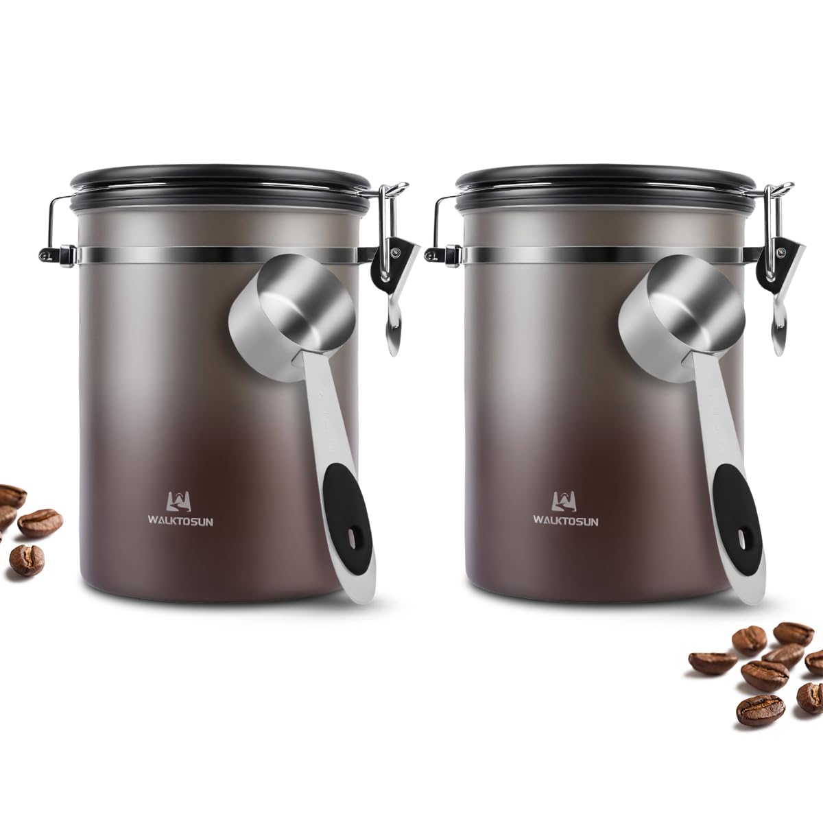 Coffee Canister Airtight Storage Container Stainless Steel Coffee Jar with Scoop,Date Tracker CO2 Release Valve for Dry Food Beans Ground Tea Flour Cereal and Sugar (1.8L Grey-Brown With Spoon(2pcs))