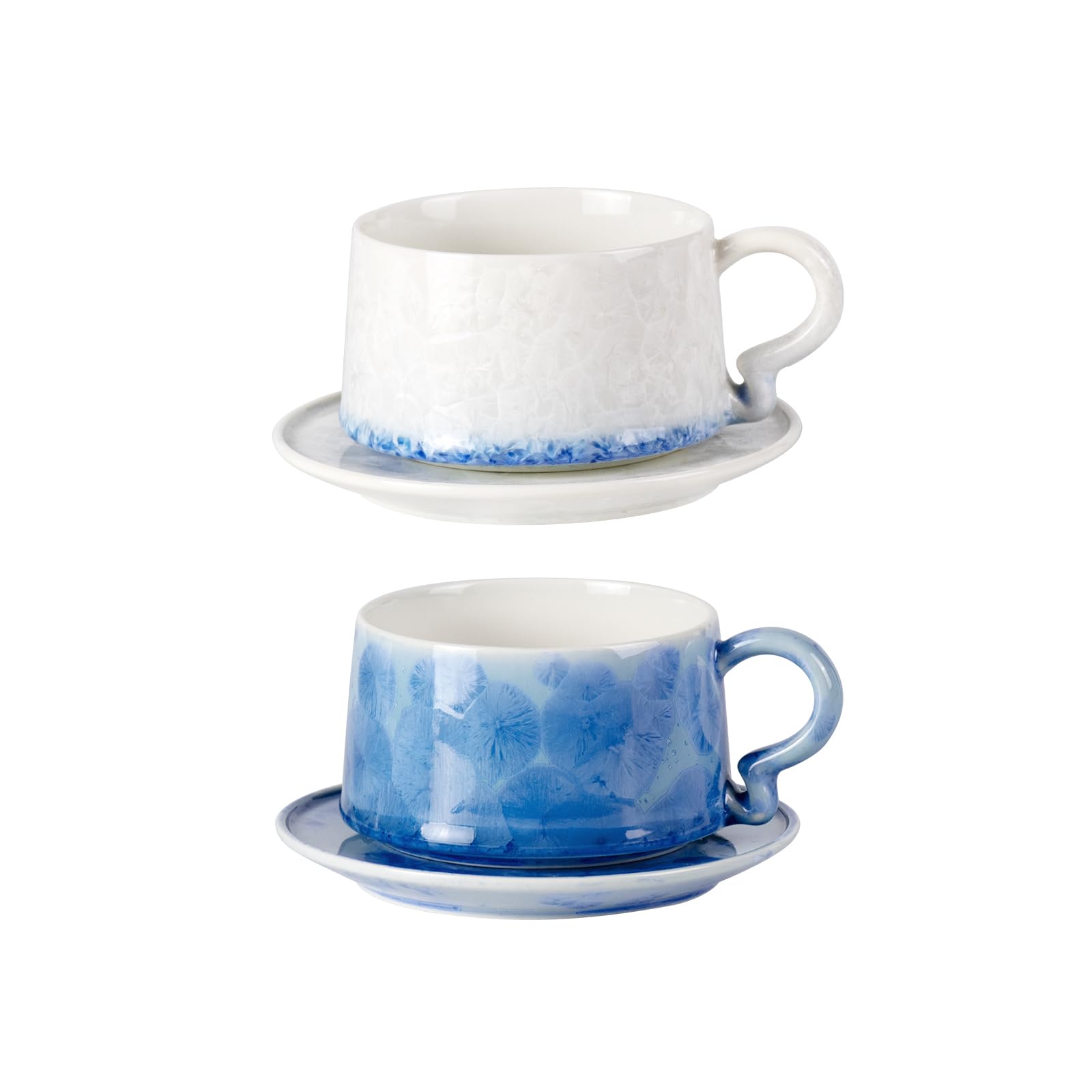 KAMMAK Tea Cups and Saucers Set of 2, 7.5 oz Glaze Coffee Mugs, 724N