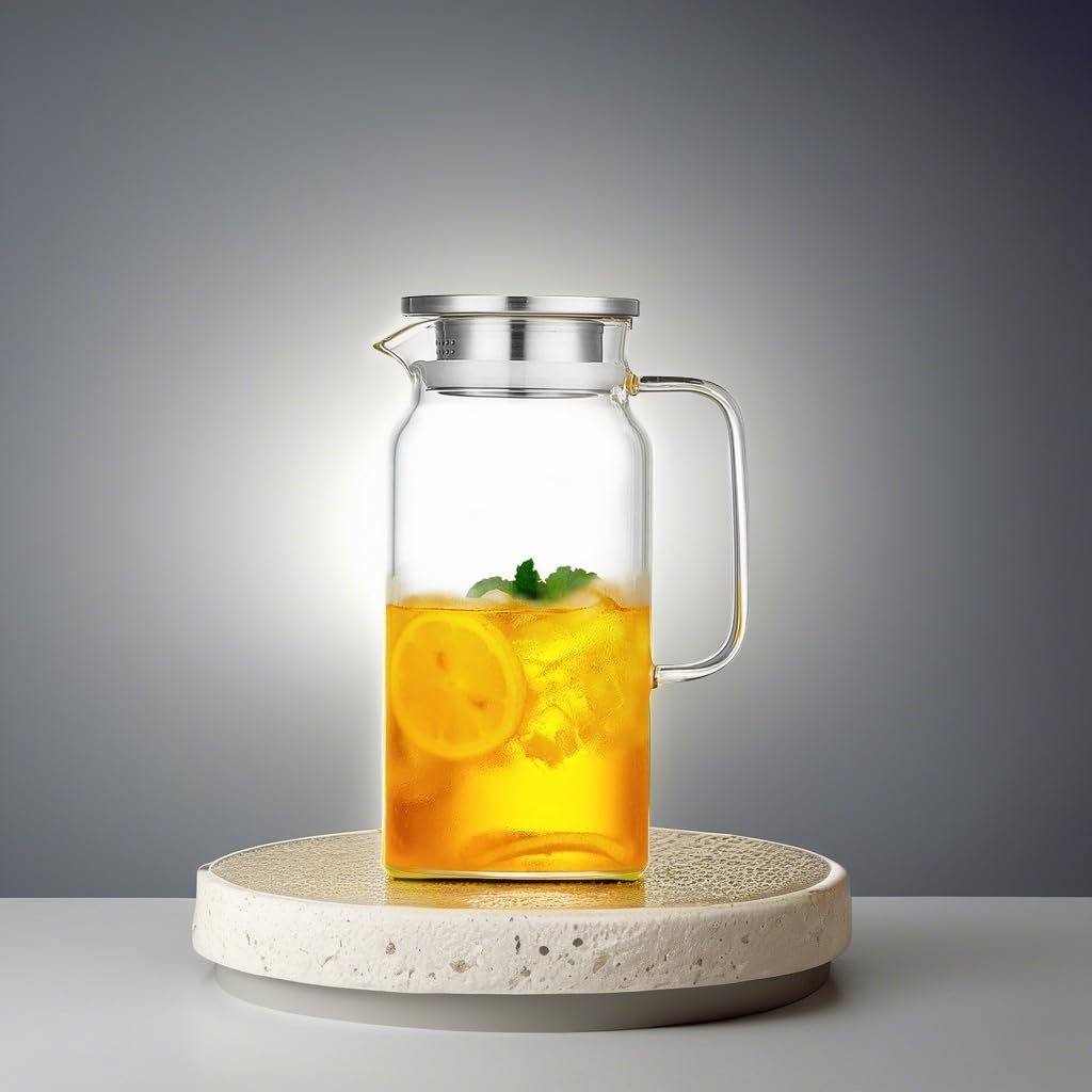 42OZ Glass Pitcher with Lid and Spout, Water Jug, 1250ml Carafe for Hot/Cold Water, Juice and Homemade Beverage, Large Iced Tea Pitcher for Coffee