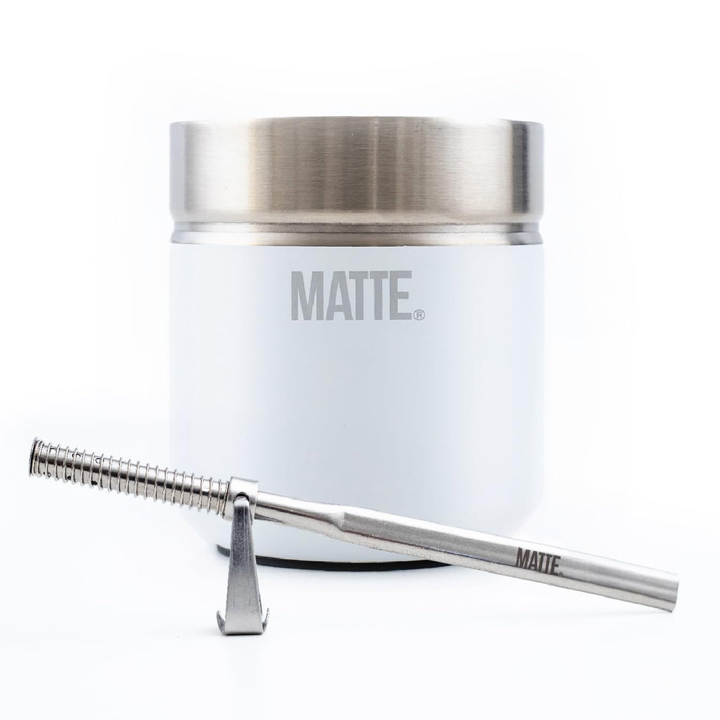 Matte 6.5 oz Yerba Mate Gourd and Bombilla Set - Includes DS Pro Box - BPA Free Yerba Mate Set Kit with Mate Straw, Elegant Design, Non-Slip Base (White)