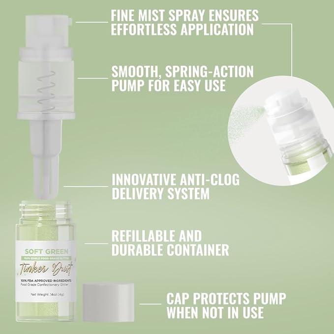 Bakell - Soft Green Tinker Dust (4g, 1x Mini Spray Pump) Edible Glitter for Food, Desserts, and Beverages!