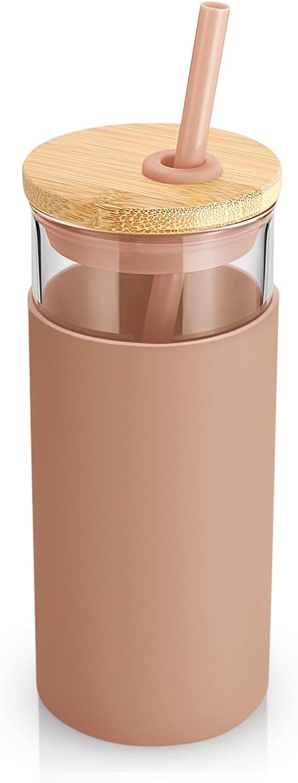 Tronco Glass Tumbler with Lid & Straw - Iced Coffee Cup & Smoothie Cup With Silicone Sleeve | BPA-Free, Dishwasher Safe | Reusable Glass Cups with Bamboo Lids and Straws
