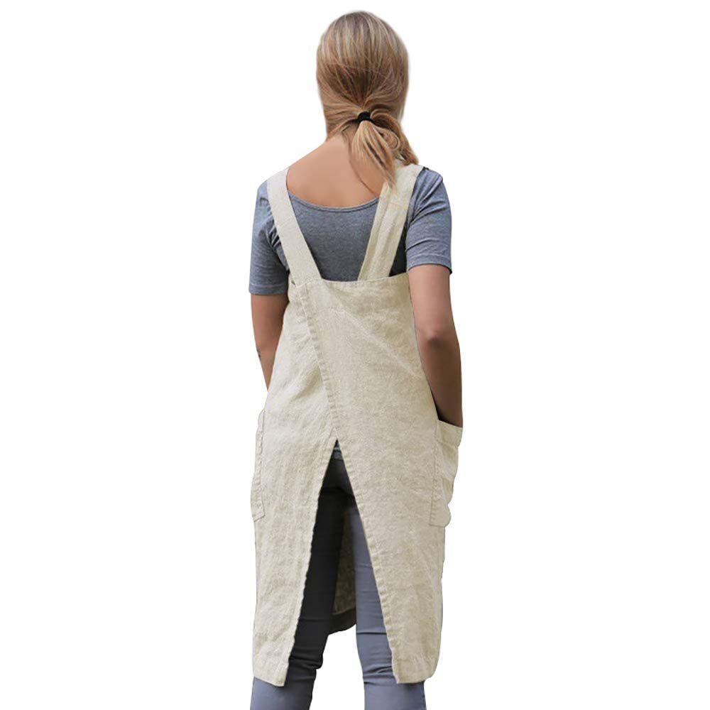 Larmliss Women's Pinafore Square Apron Baking Cooking Gardening Works Cross Back Cotton/Linen Blend Dress with 2 Pockets Apricot-M