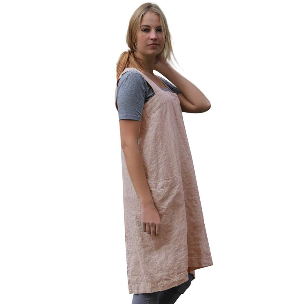Larmliss Women's Pinafore Square Apron Baking Cooking Gardening Works Cross Back Cotton/Linen Blend Dress with 2 Pockets Pink-XL