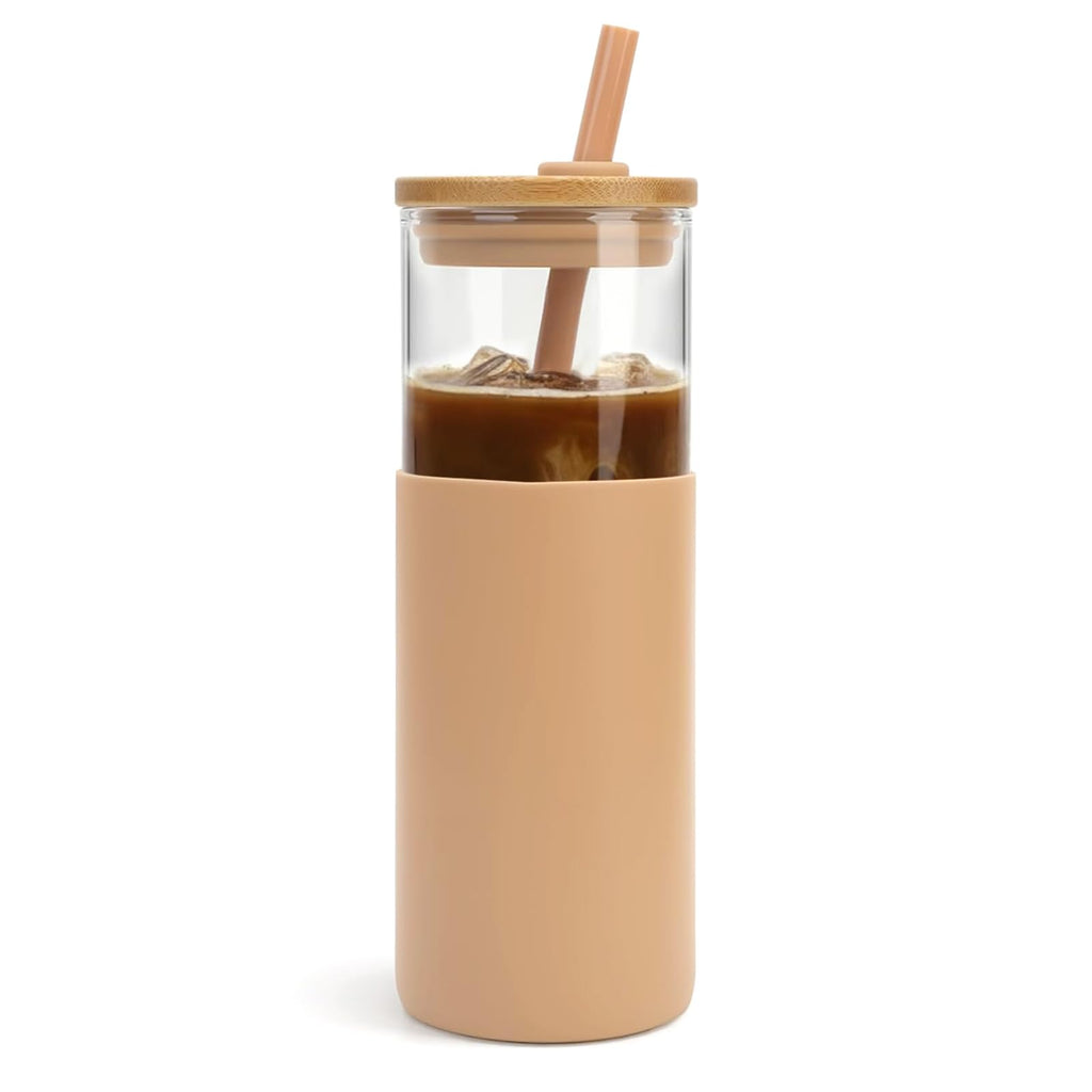 Tronco 24 oz Glass Tumbler with Lids and Straws, Reusable Iced Coffee Cups