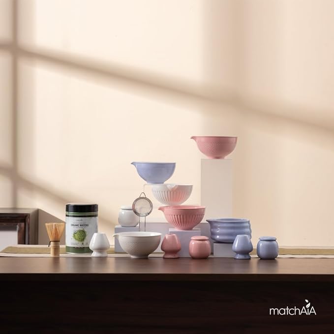 7 Pcs Matcha Set - Ceramic Bowl, Bamboo Whisk with Holder, Sifter, Schima Spoon, Spoon Rest and Tea Towel, Complete Kit for Traditional Matcha and Modern Lattes (Green)