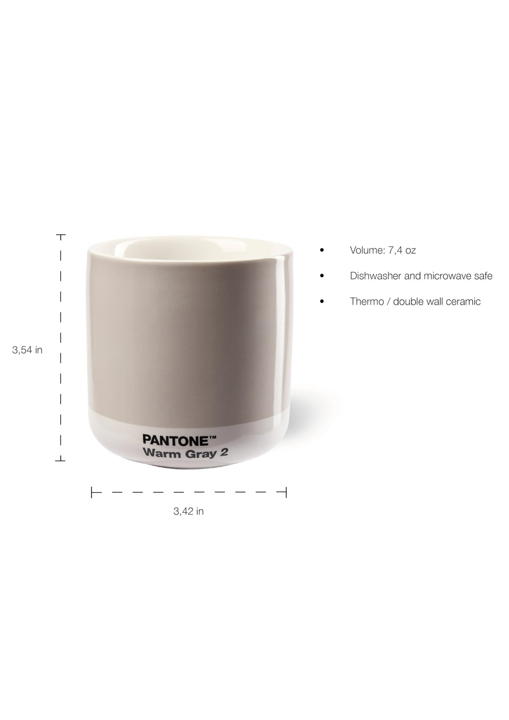 Copenhagen Design Pantone Latte Cup - Double Wall Thermo - Cappuccino Handleless Mug - 7.44oz/220ml, Warm Grey 2
