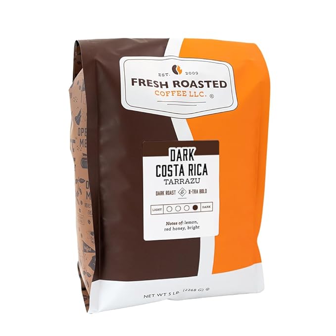 Fresh Roasted Coffee, Dark Costa Rican Tarrazu, 5 lb (80 oz), Dark Roast, Kosher, Ground