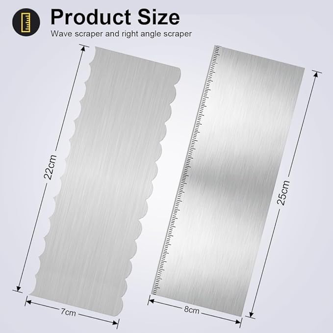 2Pcs Stainless Steel Cake Scraper - 8.6 Inch Double Sided Patterned Edge Stripe Smoother Scraper, Cake Smoother for Icing Mousse Butter Cream, Cake Decorating Comb Measuring Tool