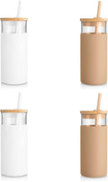 Tronco 20 oz Glass Tumbler Glass Water Bottle Straw Silicone Protective Sleeve Bamboo Lid - BPA Free -White Amber/ 4 Pack
