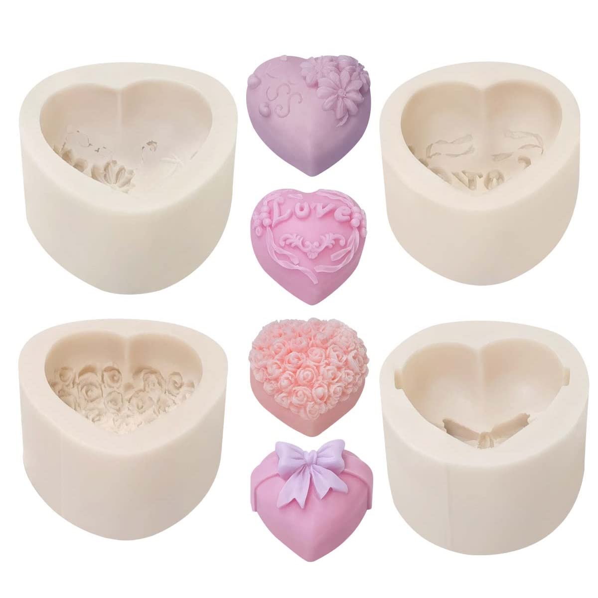 4 Pack Heart Resin Rose Flower Silicone Mold for Candle, Cake, Soap, Candy - Round Shape