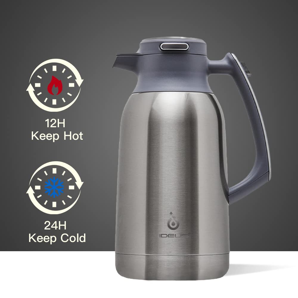 IDEUS Thermal Coffee Carafe, Stainless Steel Double Wall Insulated Vacuum Flask, Water Jug Coffee Server and Beverage Dispenser, Heat and Cold Retention (Metallic, 68, Fluid Ounces)