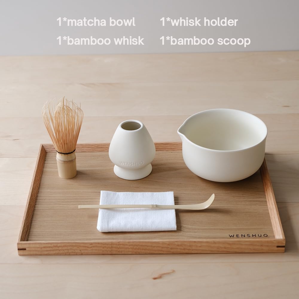 WENSHUO Matcha Whisk Set, Ceramic Matcha Bowl with Spout, Crème,6-Pc