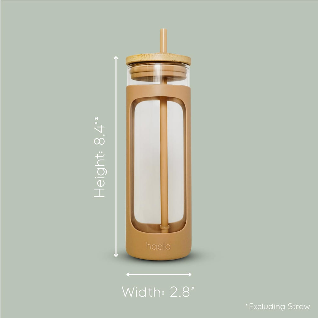 haelo 20oz Glass Tumbler Water Bottle, Iced Coffee Cup with Straw, Silicone Protective Sleeve, Bamboo Lid Reusable BPA Free (Amber)
