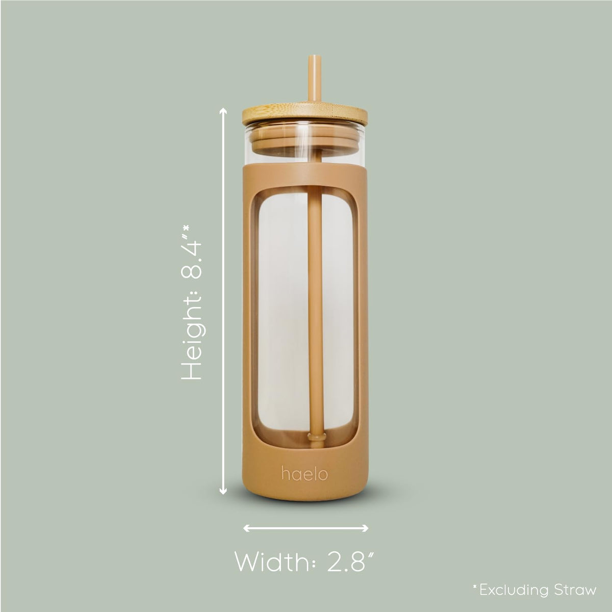 haelo 20oz Glass Tumbler Water Bottle, Iced Coffee Cup with Straw, Silicone Protective Sleeve, Bamboo Lid Reusable BPA Free (Amber)