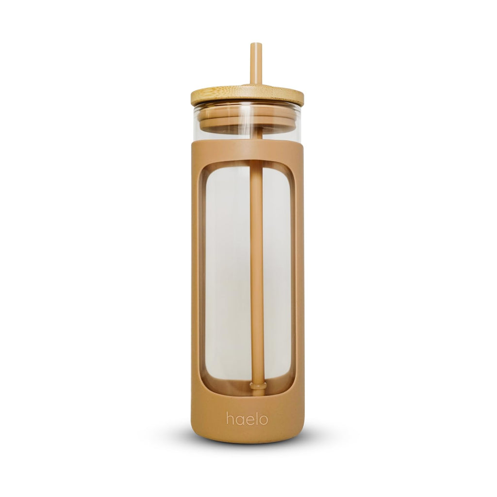 haelo 20oz Glass Tumbler Water Bottle, Iced Coffee Cup with Straw, Silicone Protective Sleeve, Bamboo Lid Reusable BPA Free (Amber)