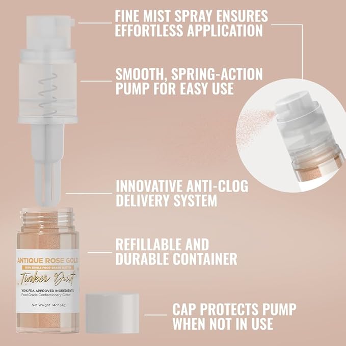 Bakell - Antique Rose Gold Tinker Dust (4g, 1x Mini Spray Pump) Edible Glitter for Food, Desserts, and Beverages!