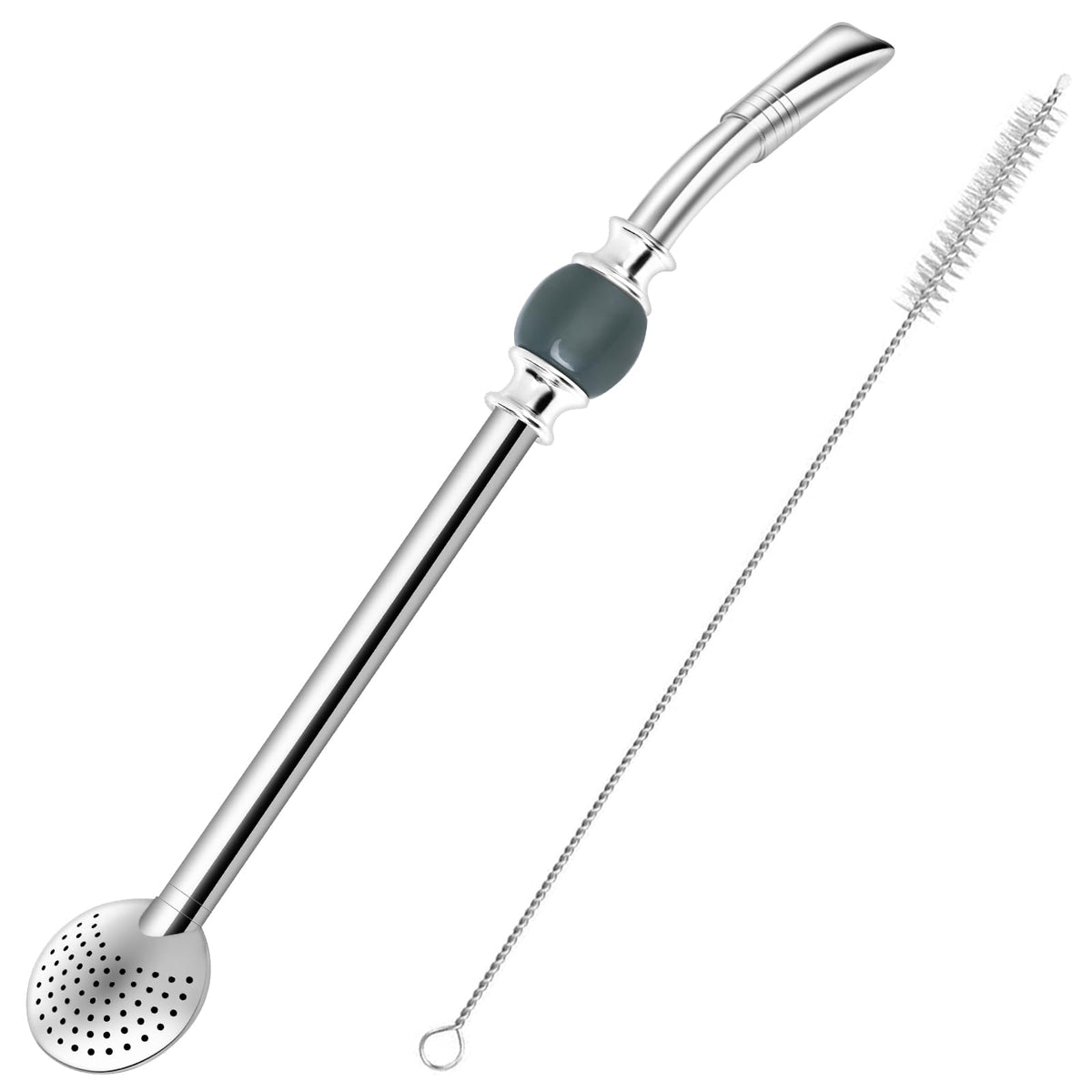 Reusable Bombilla Yerba Mate Straw - Stainless Steel Removable Spoon Style Filter with a Beautiful Bead - Metal Straw for Drinking Loose Leaf Tea - Includes Cleaning Brush(Blue)