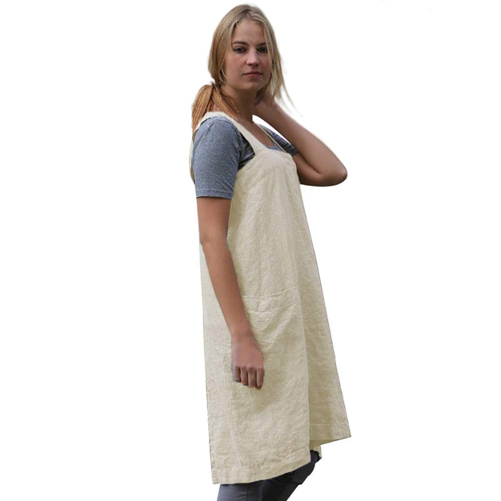 Larmliss Women's Pinafore Square Apron Baking Cooking Gardening Works Cross Back Cotton/Linen Blend Dress with 2 Pockets Apricot-M