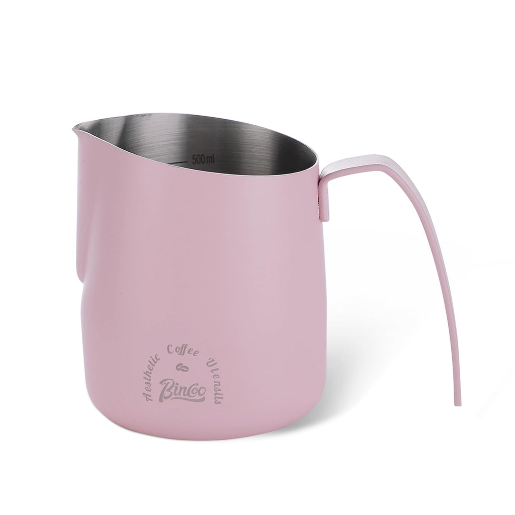 Milk Frothing Pitcher 500ML - Pink Espresso Steaming Pitcher, Stainless Steel Coffee Milk Frothing Cup with Large Handle and Scale, Espresso Machine Accessories for Barista