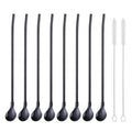 Straw Spoon, 8PCS 8.5inch 18/8(304) Stainless Steel Metal Straws Spoon Reusable Straws Spoon + 2 Brushes（Black）