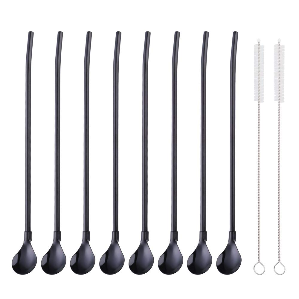 Straw Spoon, 8PCS 8.5inch 18/8(304) Stainless Steel Metal Straws Spoon Reusable Straws Spoon + 2 Brushes（Black）