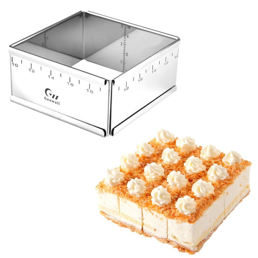 Guowall Extensible Square Cake Ring Mold Adjustable Stainless Steel Mousse Ring Detachable Nonstick Cake Cutter Pastry Shaping for DIY Baking - 6.2 × 6.2 ×2 inch