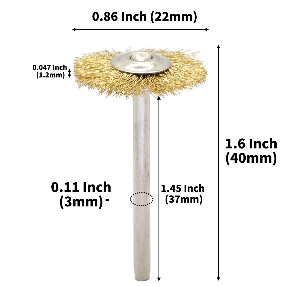 20PCS T-Shaped Brass Wire Brushes - Metal Rust Removal, Cleaning, and Polishing - 22mm Diameter, 1/8″ (3mm) Shaft - Removes Burrs and Oxide Layer - Handles Rough Surfaces - Rotary Tool Accessories