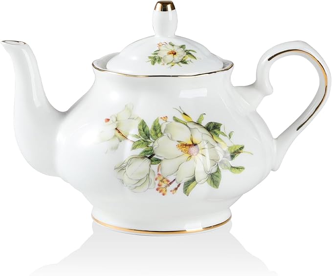 Sweejar Ceramic Teapot with Infuser, Floral Relief Gold Rimmed Teapot, 29 OZ Porcelain Tea Pot for Blooming and Loose Tea