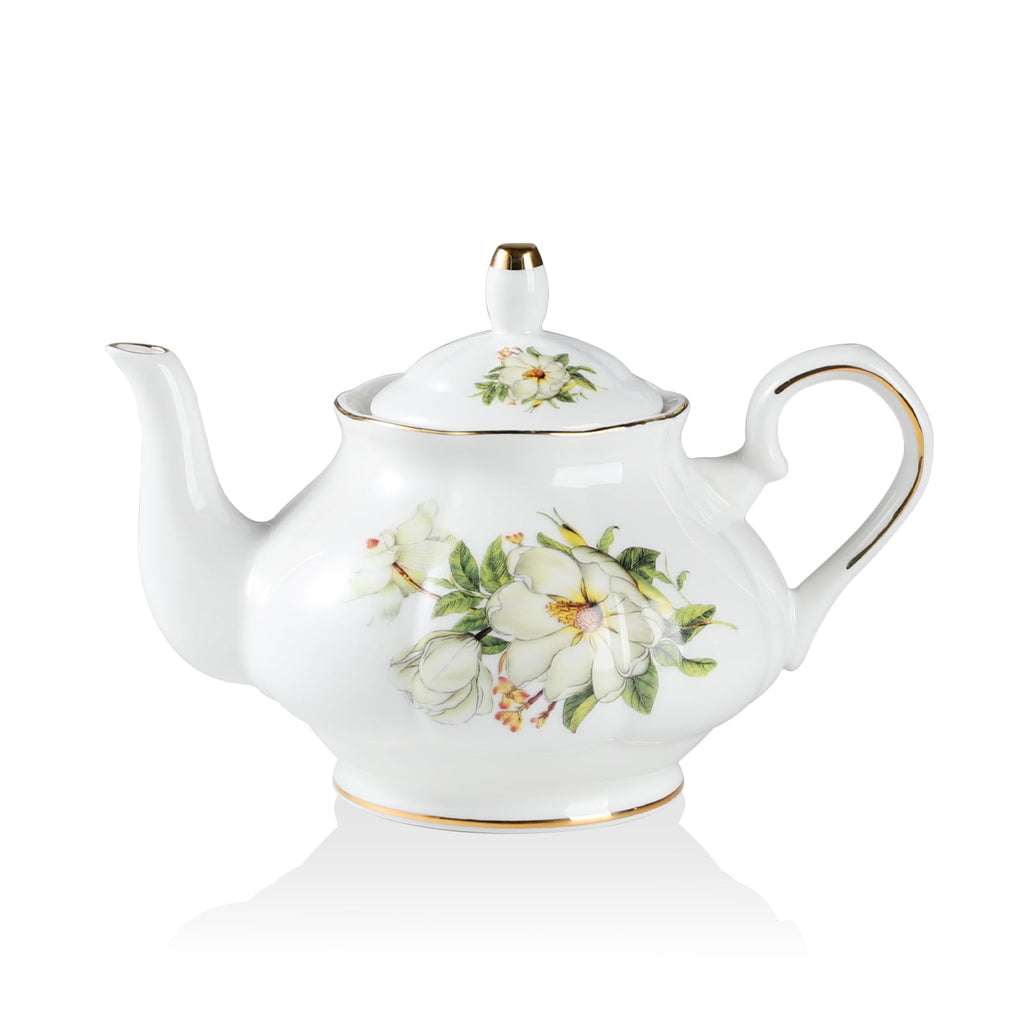 Sweejar Ceramic Teapot with Infuser, Floral Relief Gold Rimmed Teapot, 29 OZ Porcelain Tea Pot for Blooming and Loose Tea, Coffee...(Camellia)
