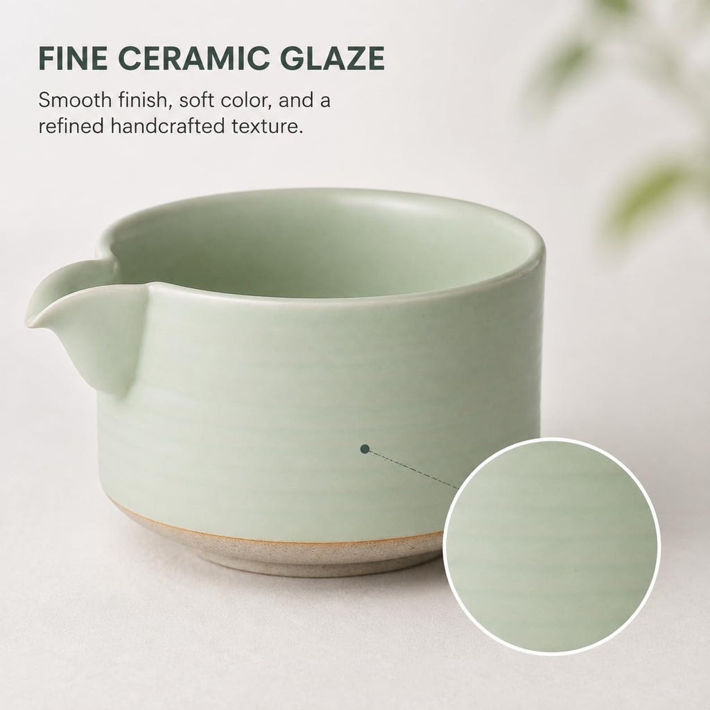OUGETHER Matcha Traditional Porcelain Tea Bowl with Pour Spout - Hand Made Porcelain with Light Green Matte Glaze - Perfectly Whisked Matcha Green Tea, 430ml/ 14.5oz