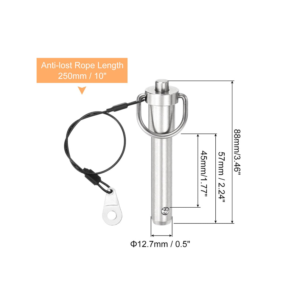 uxcell 1 Pcs Quick Release Pin, 1/2" x 1.77"(Dia. x L) Push-Button Ball Locking Pin 304 Stainless Steel Ring Handle Locking Pin with Wire for Audio Bimini Top Marine, Silver