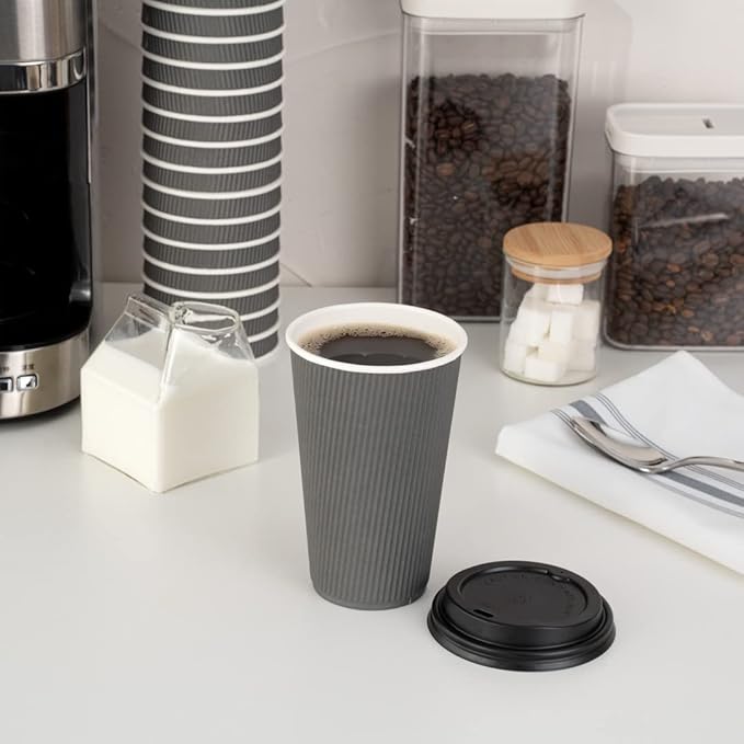 Restaurantware 16 Ounce Ripple Wall Disposable Coffee Cups, 500 Insulated Gray Paper Tumblers with Rolled Rim Design, Lids Sold Separately for Hot Drinks like Tea, Hot Chocolate and More