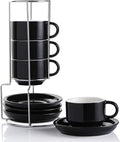 Sweejar Ceramic Espresso Cups with Saucers, 4 Ounce Stackable Cappuccino Cups with Metal Stand for Coffee Drinks, Latte, Tea - Set of 4 (Black)