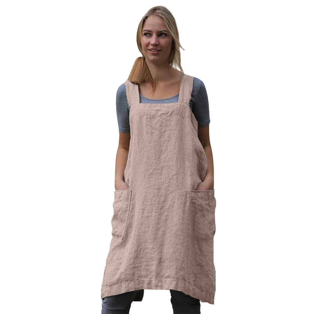 Larmliss Women's Pinafore Square Apron Baking Cooking Gardening Works Cross Back Cotton/Linen Blend Dress with 2 Pockets Pink-XL