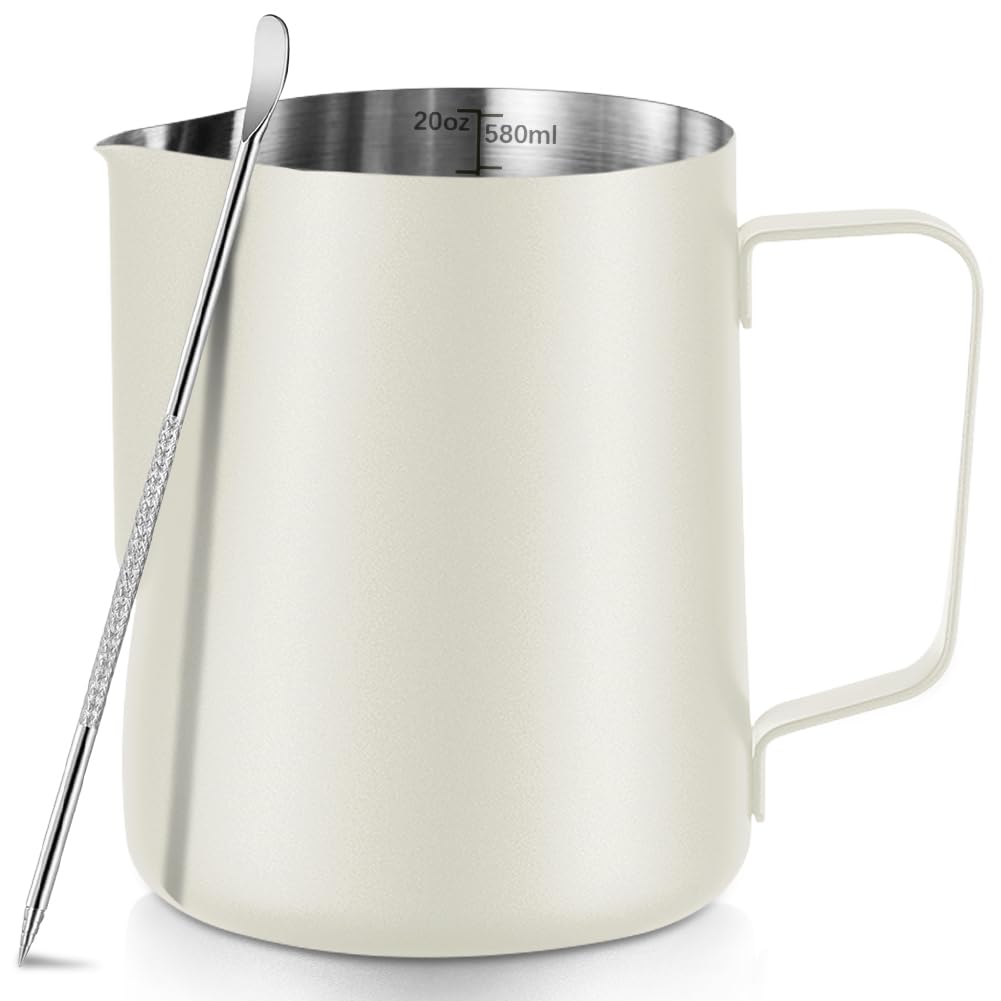 Milk Frothing Pitcher Stainless Milk Cup with Art Pen (White, 350, Milliliters)